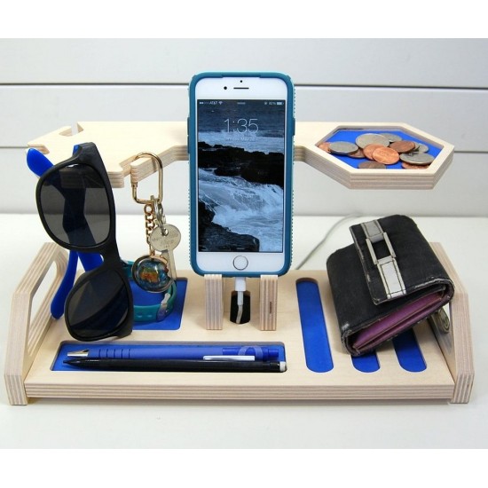 Kişiye Özel - Ahşap Telefon ve Aksesuar Standı Honeycomb Tasarım, Saat, Tasarım Saat, Farklı Saat