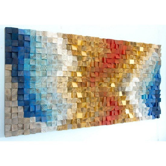 Kişiye Özel - Ahşap Mavi Kırmızı ve Sarının Rengi Tablo, Saat, Tasarım Saat, Farklı Saat