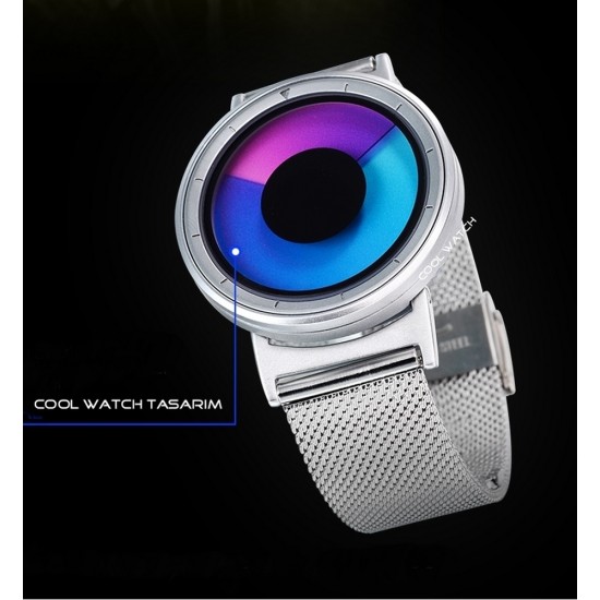 Cool Watch Saat - Silver Kasa - Silver Kordon CooL Galaxy Mix Mavi Pembe Ekran Unisex, Saat, Tasarım Saat, Farklı Saat