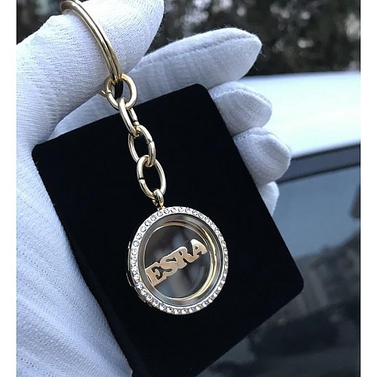 Kişiye Özel - Metal Gold Madalyon Taşlı Yuvarlak Anahtarlık, Saat, Tasarım Saat, Farklı Saat