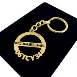 Kişiye Özel - Metal Porsche - Gold Plaka Anahtarlık Gerçek Altın Kaplama