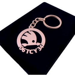 Kişiye Özel - Metal Skoda - Rose Plaka Anahtarlık Gerçek Altın Kaplama