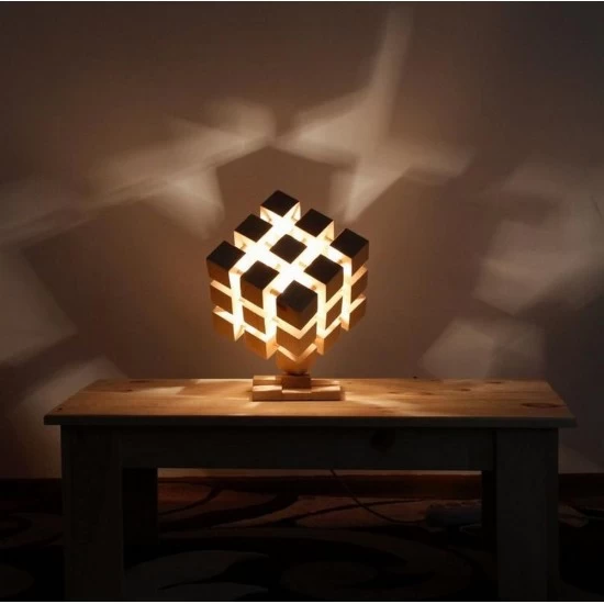 Kişiye Özel - Ahşap Tasarım Cubic Masaüstü Lamba, Saat, Tasarım Saat, Farklı Saat