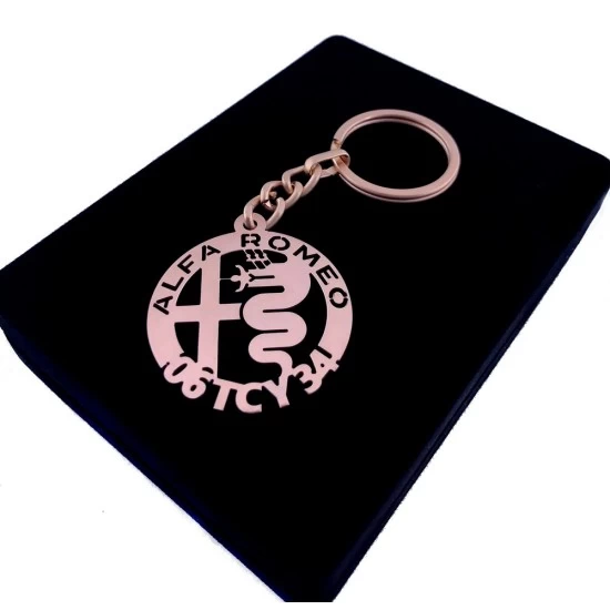 Kişiye Özel - Metal Alfa Romeo - Rose Plaka Anahtarlık Gerçek Altın Kaplama, Saat, Tasarım Saat, Farklı Saat