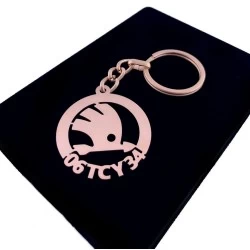 Kişiye Özel - Metal Skoda - Rose Plaka Anahtarlık Gerçek Altın Kaplama
